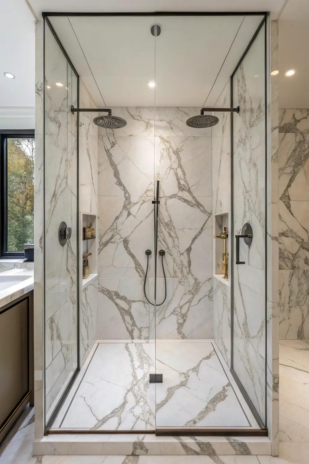 Bookmatched tiles create a seamless and artistic look.