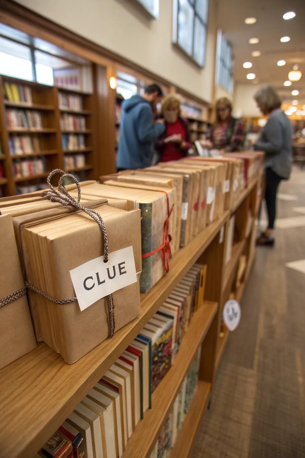 A mystery book challenge display with books concealed in wrapping and accompanied by clues.