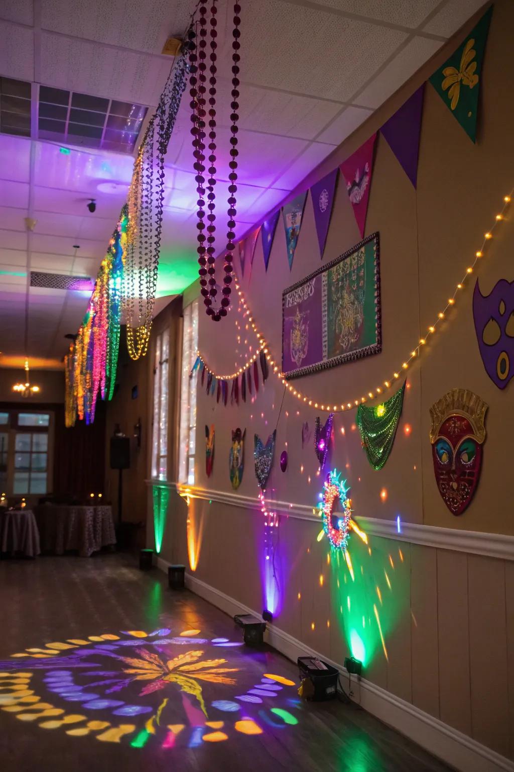 Dynamic lighting transforms the area into a Mardi Gras wonderland