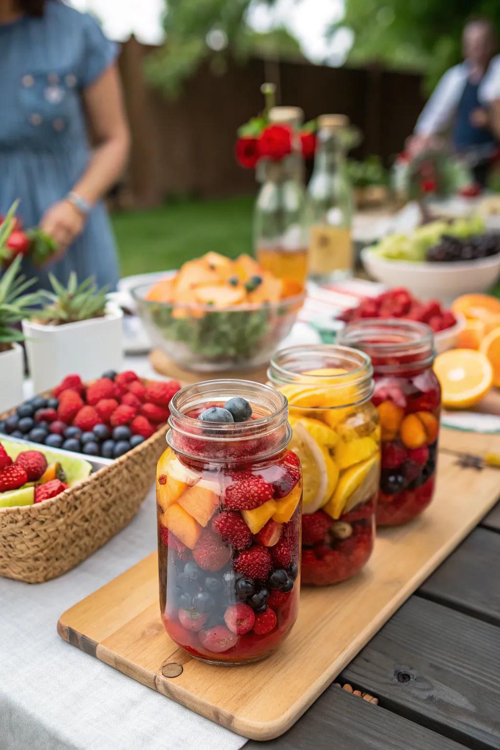 Vibrant fruit-infused preserving-style jar centerpieces.