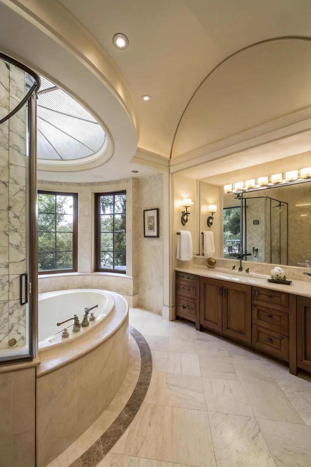 The bowed layout furnishes a subtle, flowing layout within this distinctive primary bathroom.