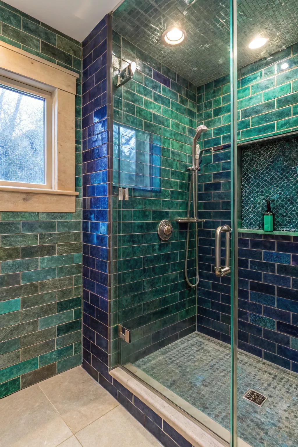 A shower showcasing rich jewel-toned tiling for a vibrant, luxurious atmosphere.