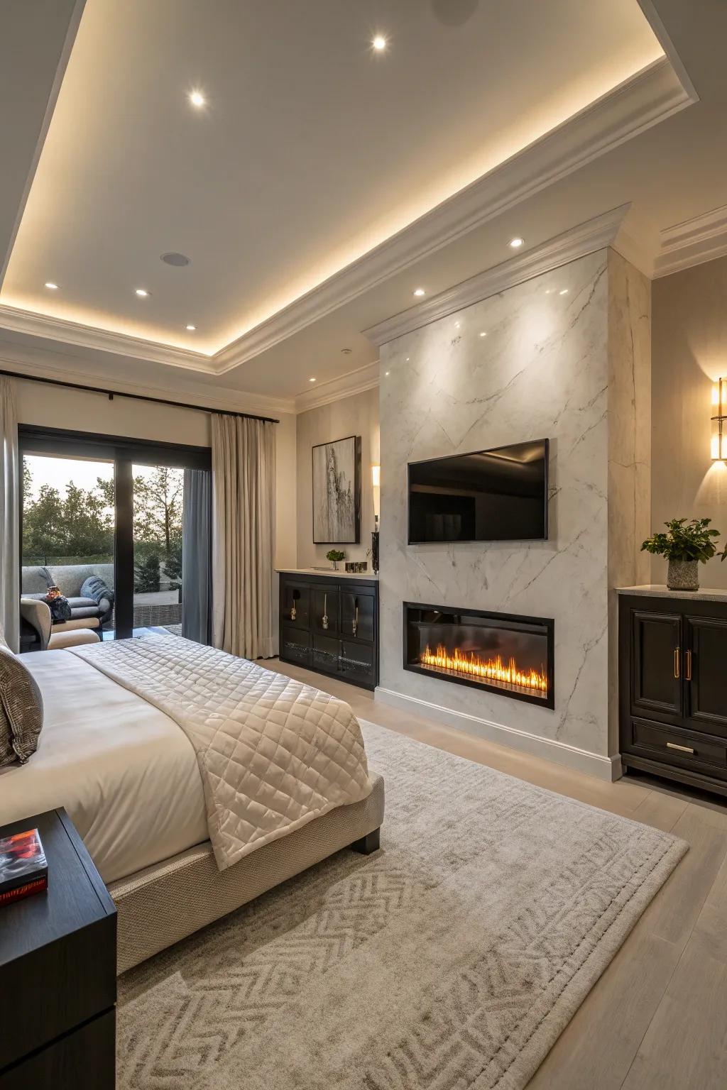 Smart technology integration provides convenience and control in the modern master bedroom.