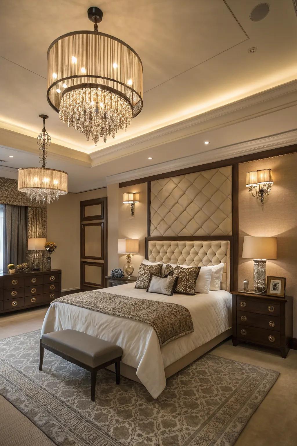Layered lighting adds dimension and function to the bedroom.
