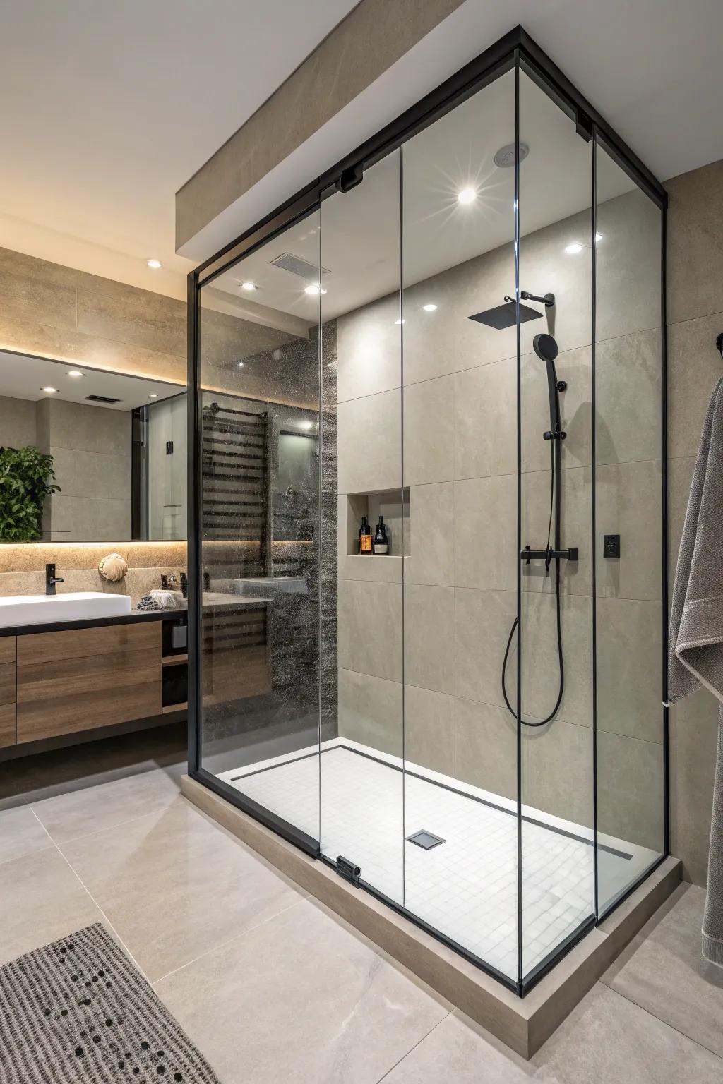 A doorless shower fashions a seamless continuity in your bathing space.