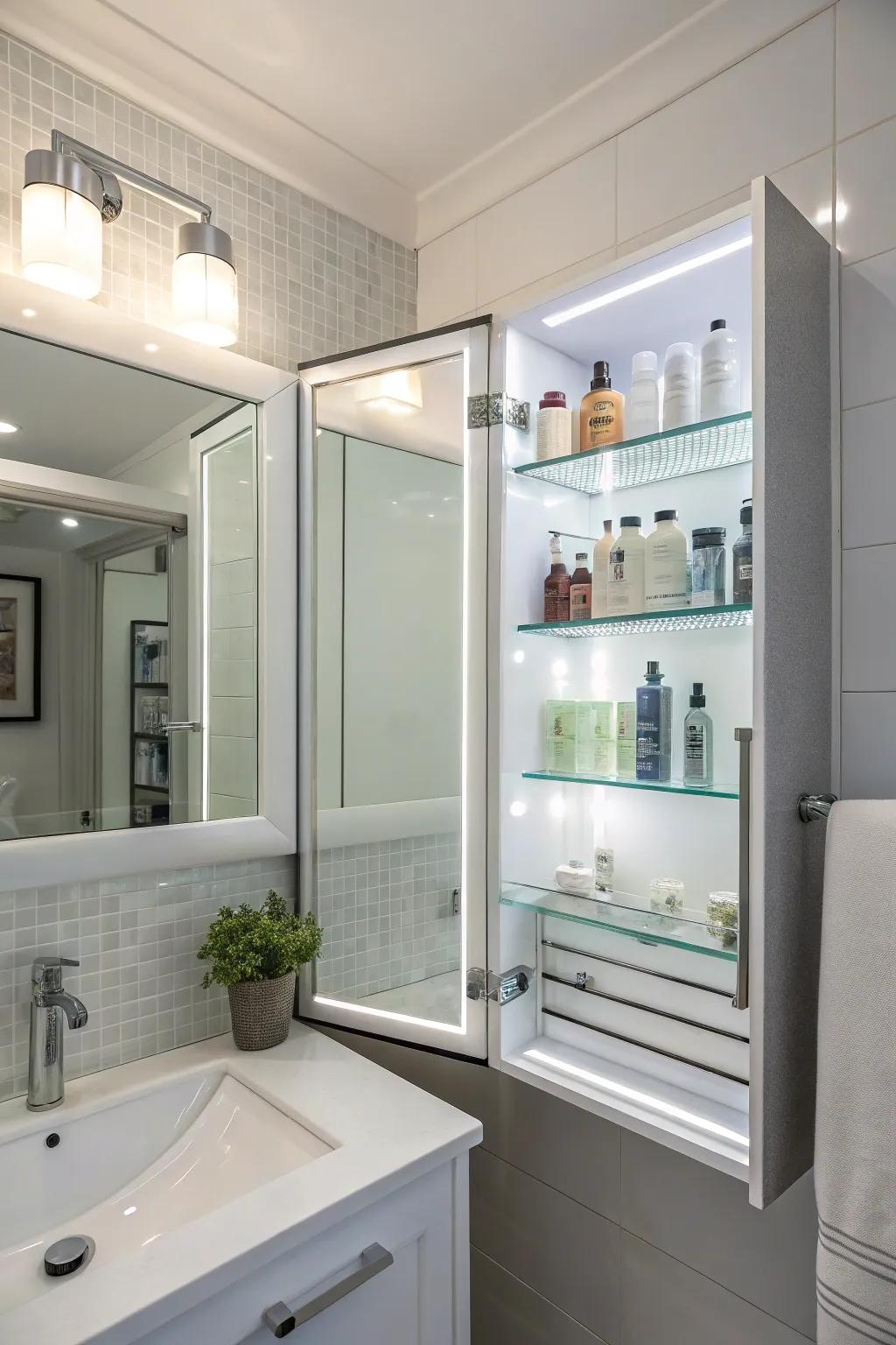 A tranquil bathroom atmosphere is created by integrated lighting.