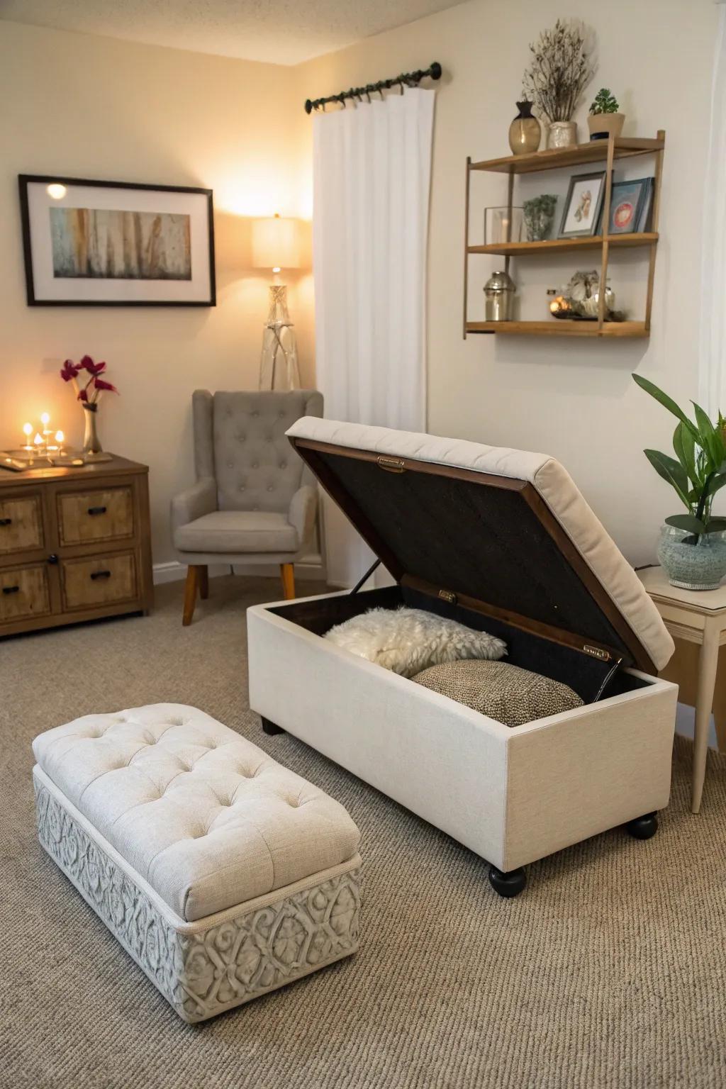 Multi-functional furniture helps make the most of your meditation room.