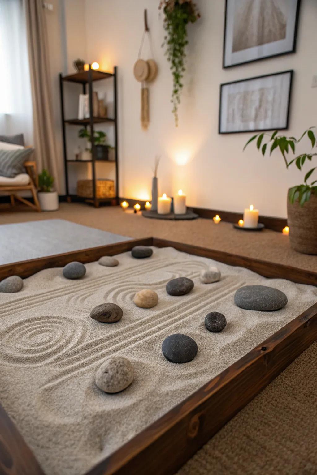 A meditation room with a DIY Zen garden.