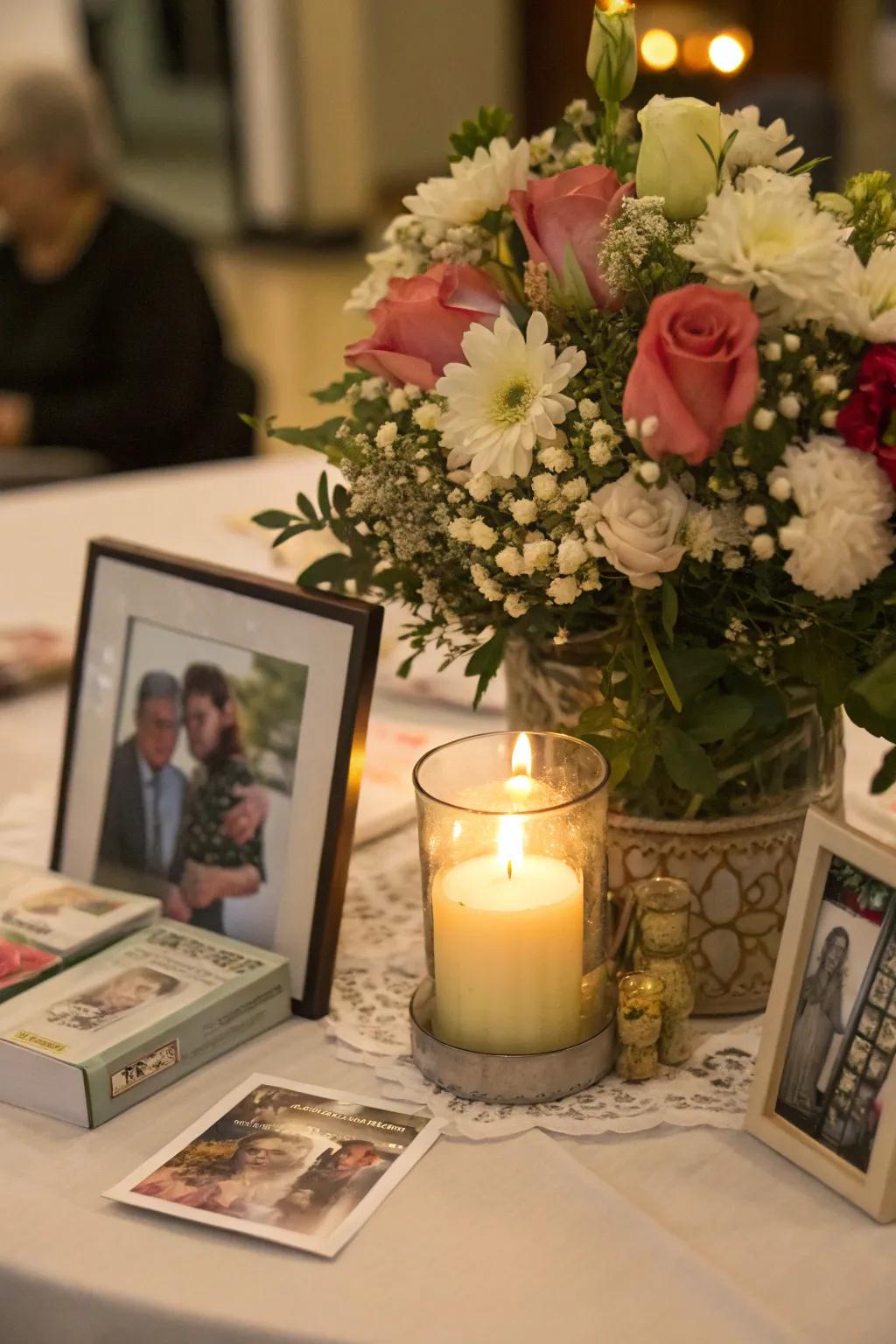 The candle within the flowers creates a tranquil and beautiful focal point.