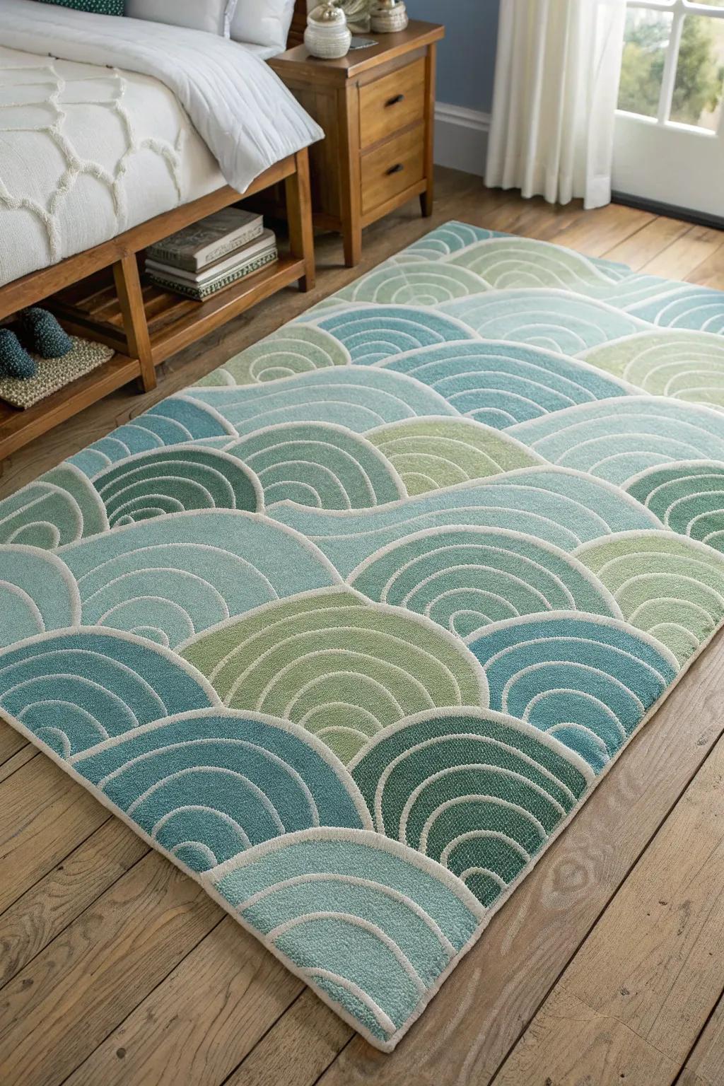Wave patterns underfoot make the space feel oceanic.