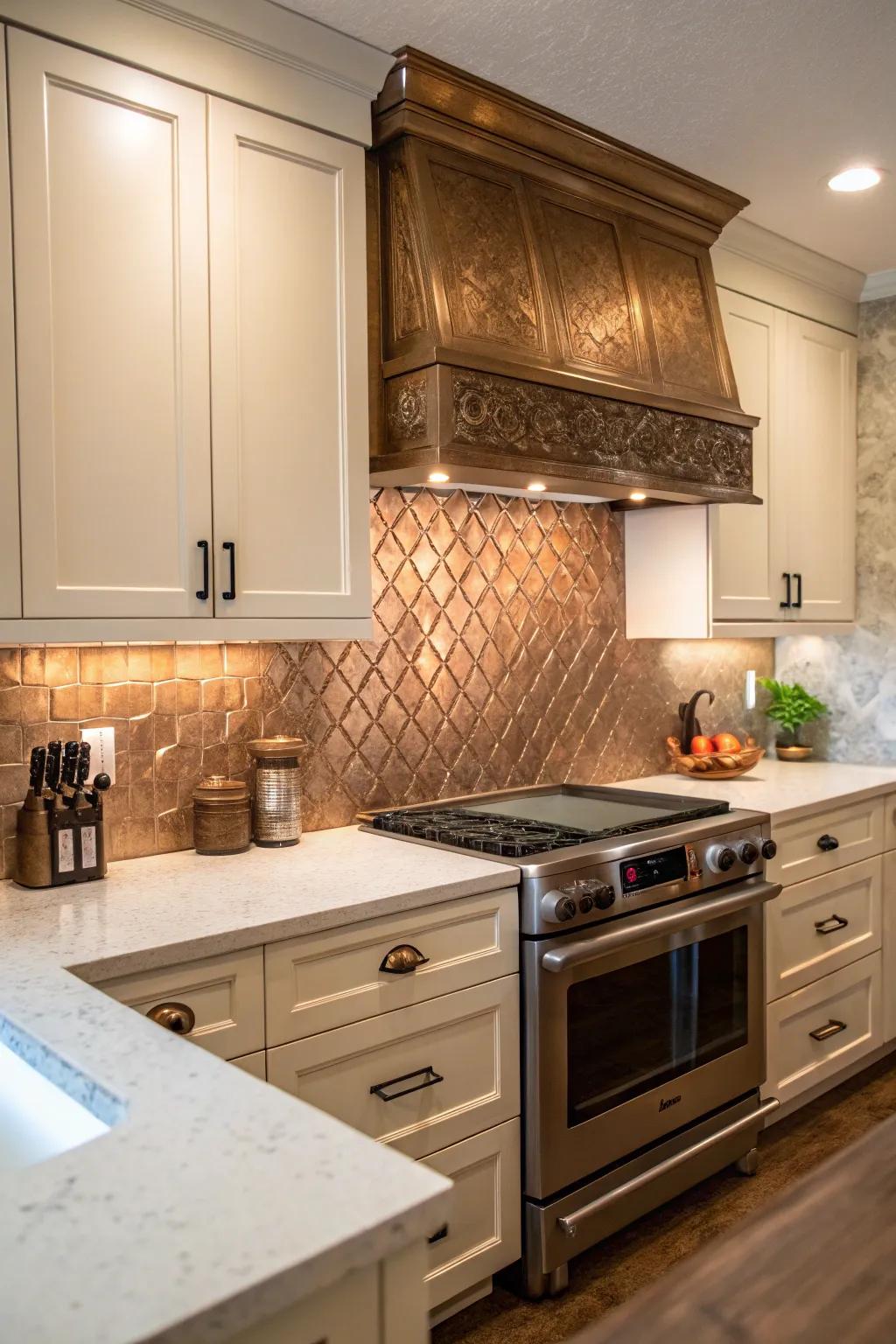 A kitchen showcasing a cozy bronze metallic backsplash.