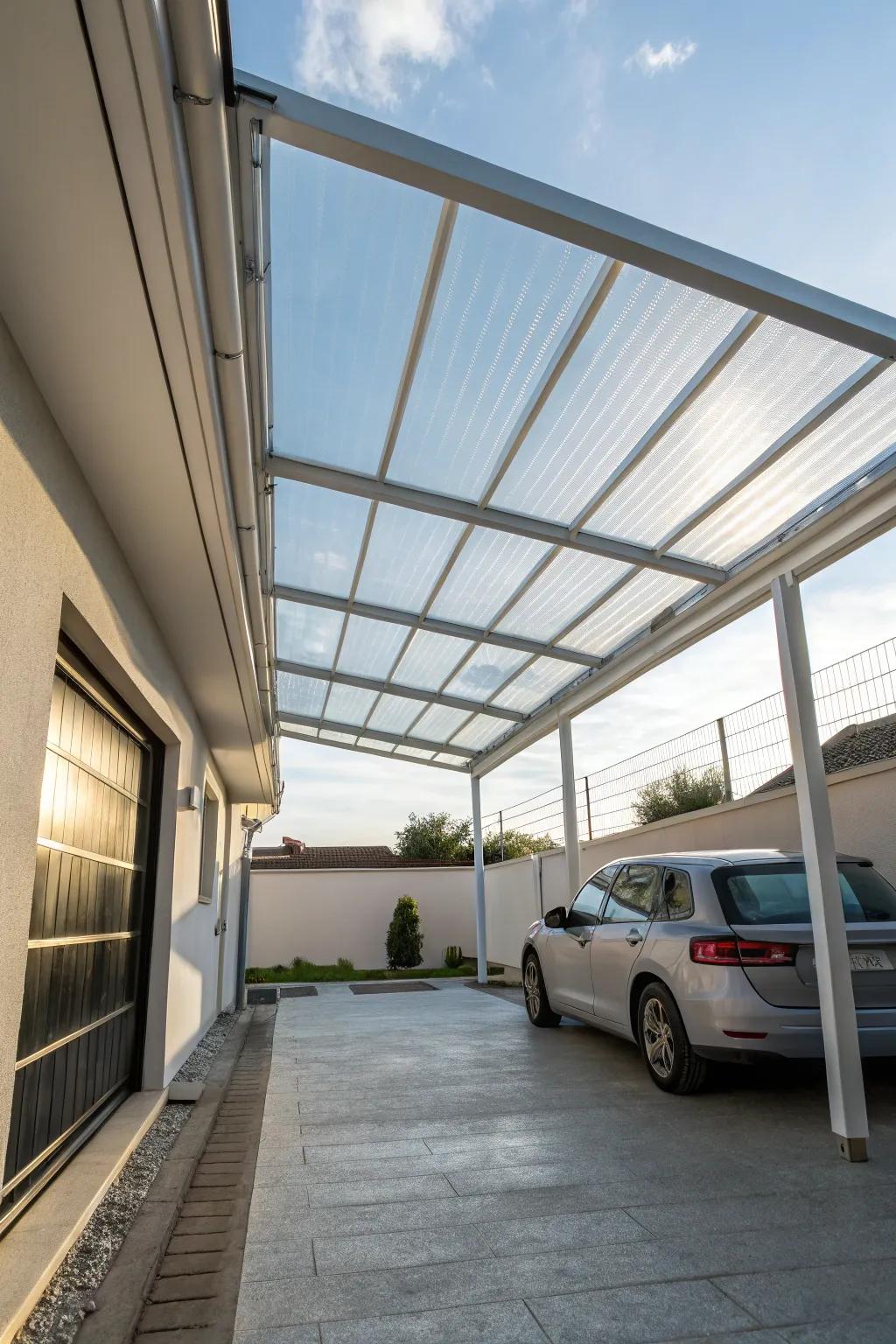 A transparent roof carport lets in natural light while providing protection.