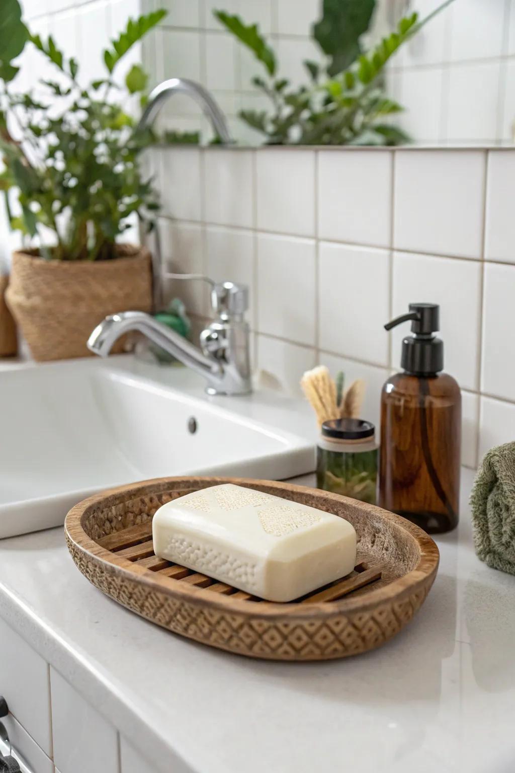 A handmade cleansing tablet holder contributes an artisan touch.
