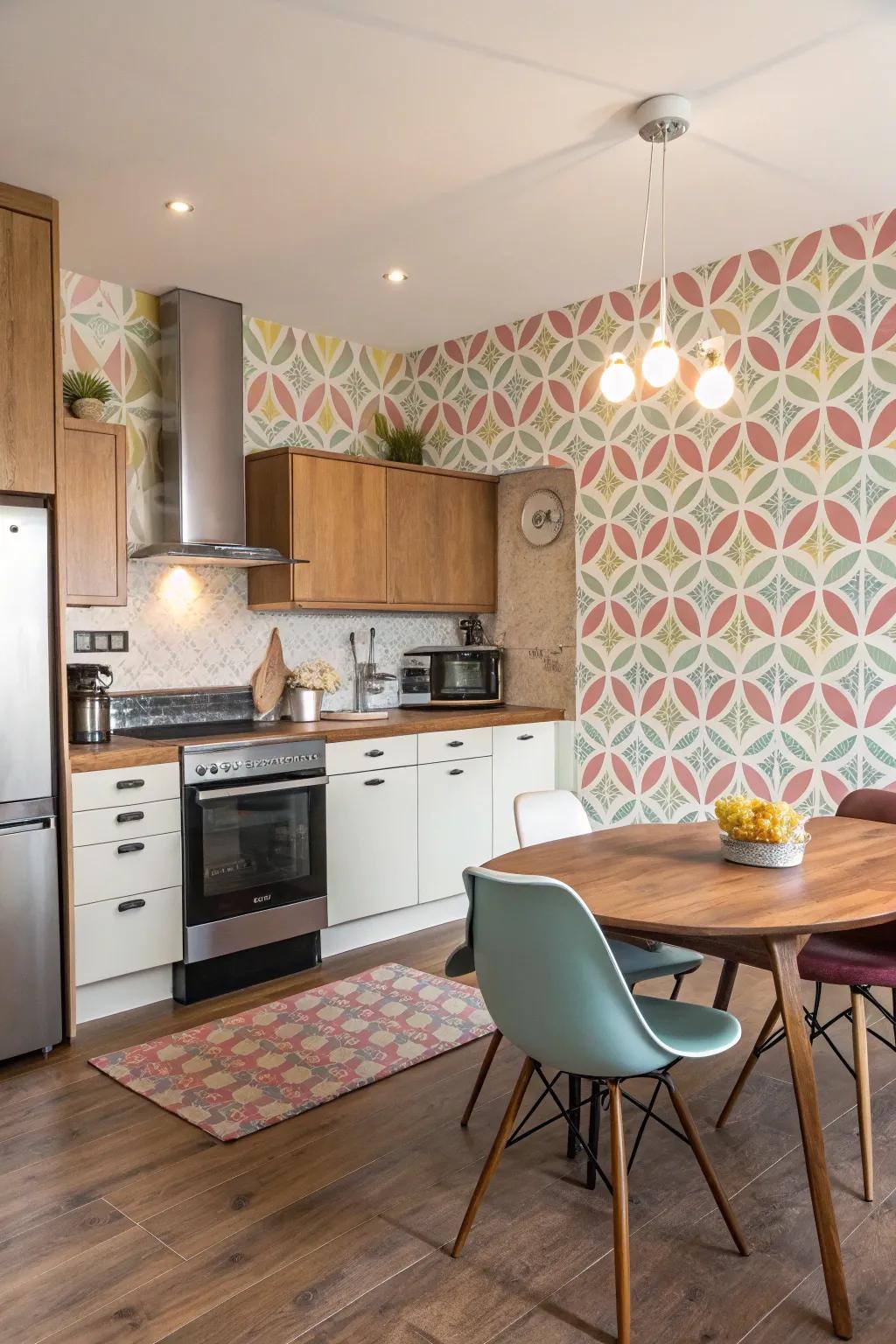 This kitchen has a nostalgic feel thanks to the vintage patterned wallpaper.
