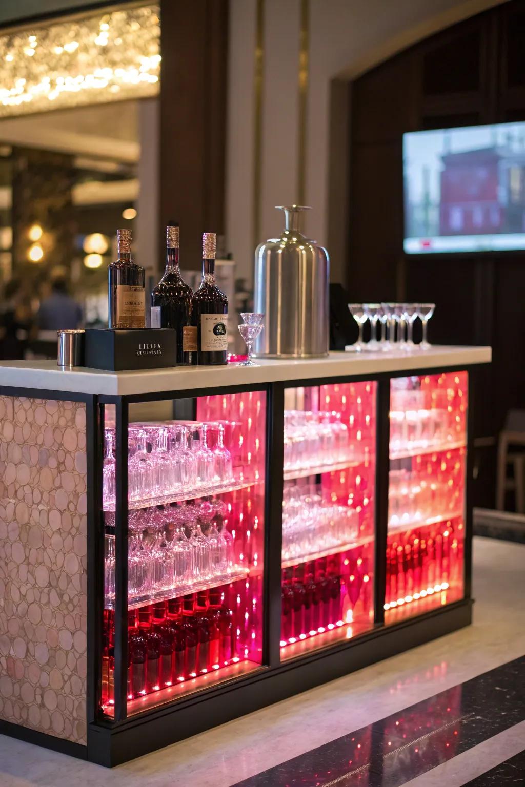 Glowing backdrops infuse a glamorous detail into the mini bar.