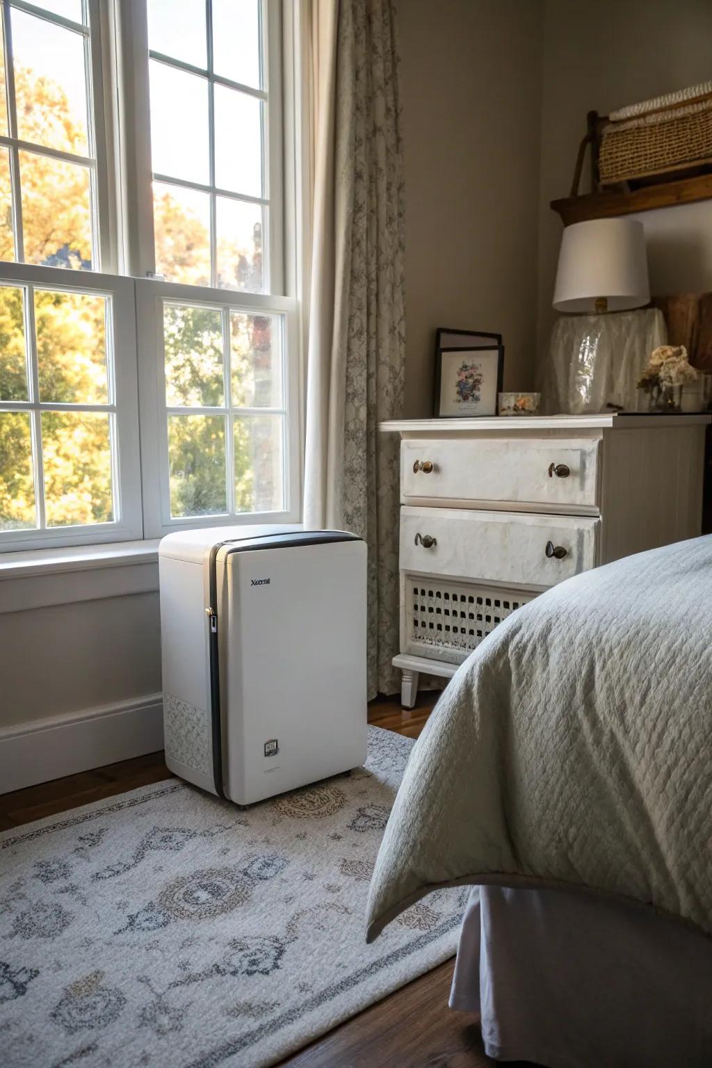 A portable refrigerator delivering convenience in a bedroom.