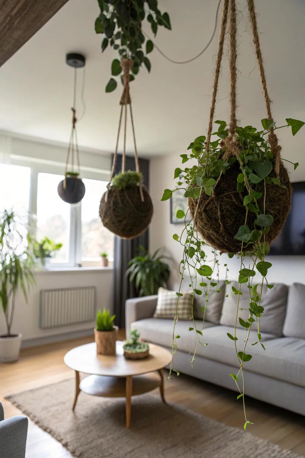 A striking spectacle of knotted moss globe flora suspended within a living area.