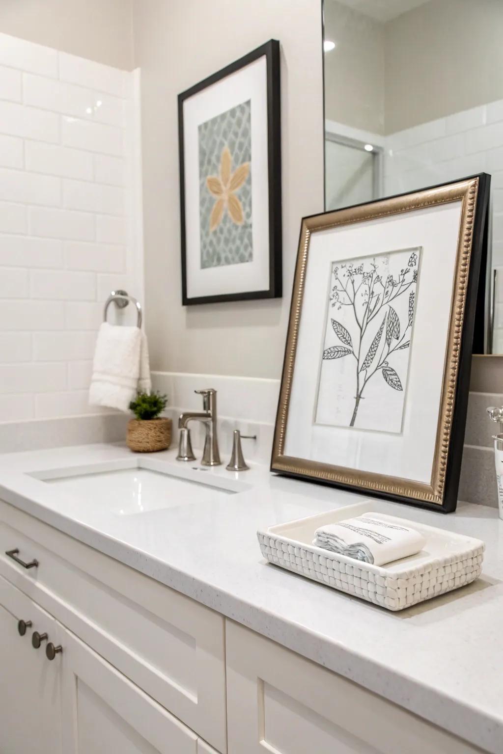 Understated artwork adds a personal touch to the bathroom's visual theme.
