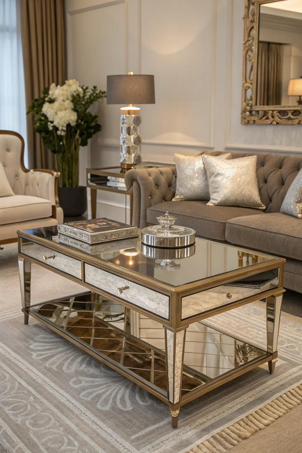Mirrored furniture brightens up the room and amplifies the glam factor.