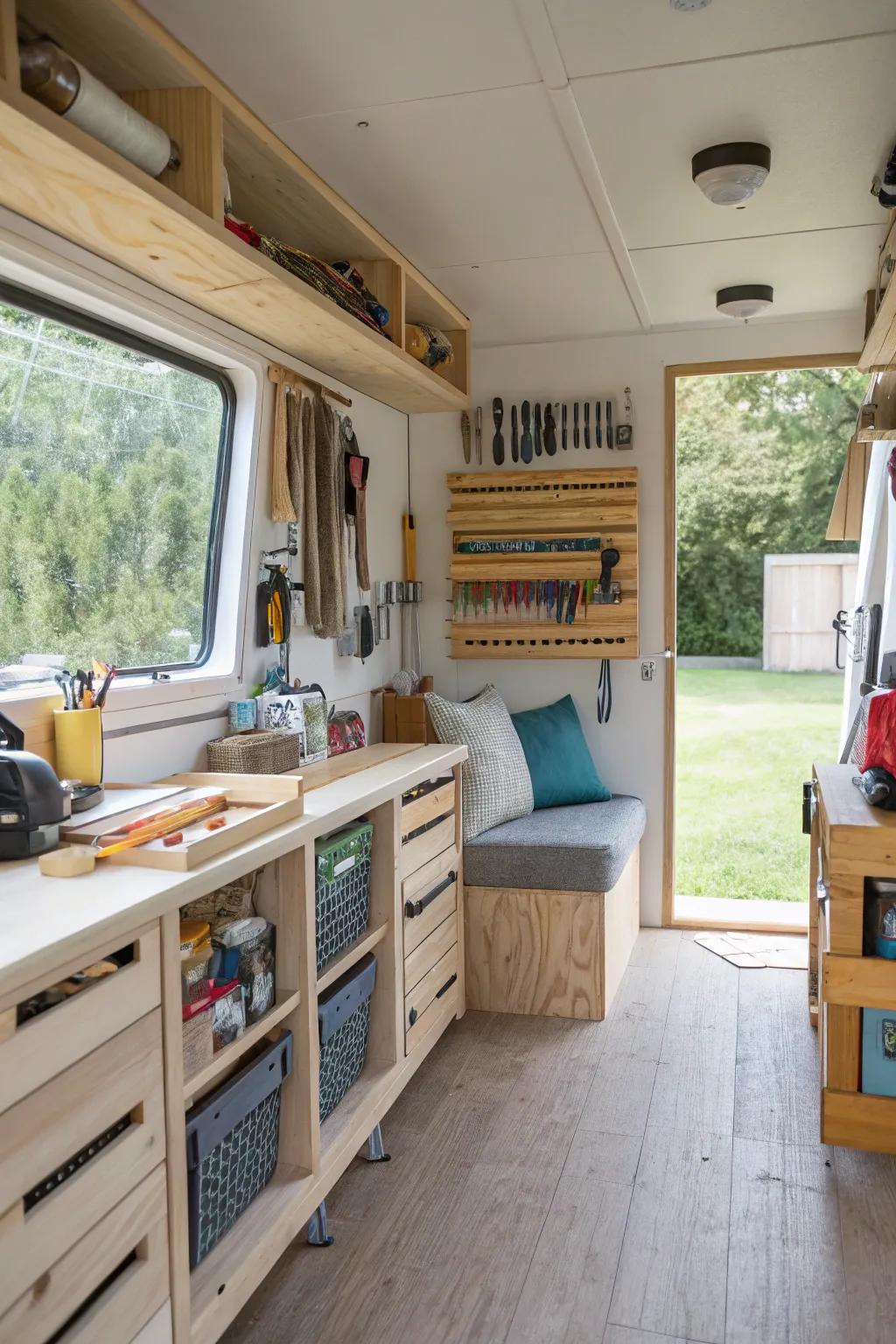 A well-organized workroom featuring tools and crafting materials, ideal for hobbyists and DIY devotees.