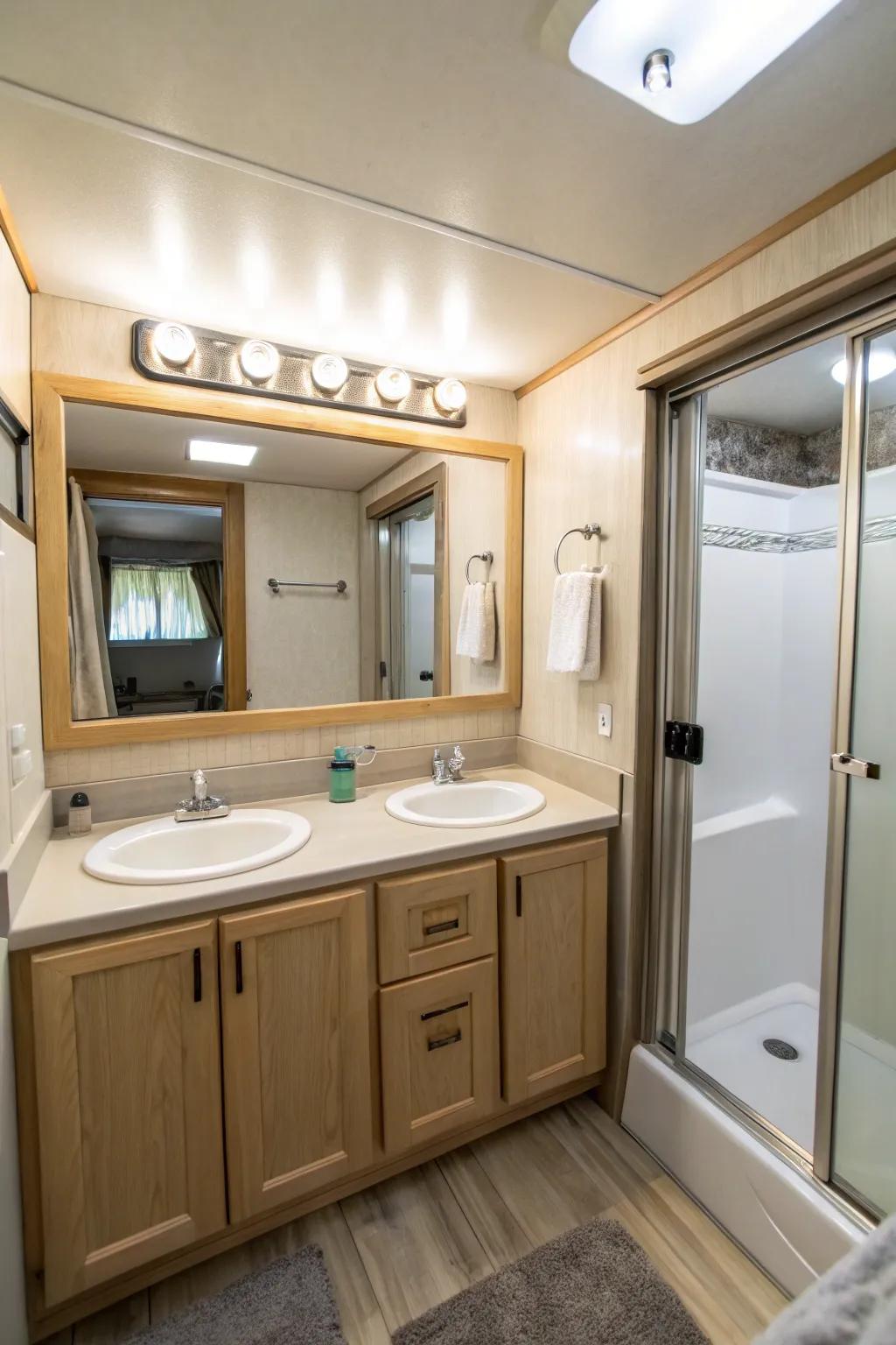Mirrored cabinets offer both functionality and visual appeal.