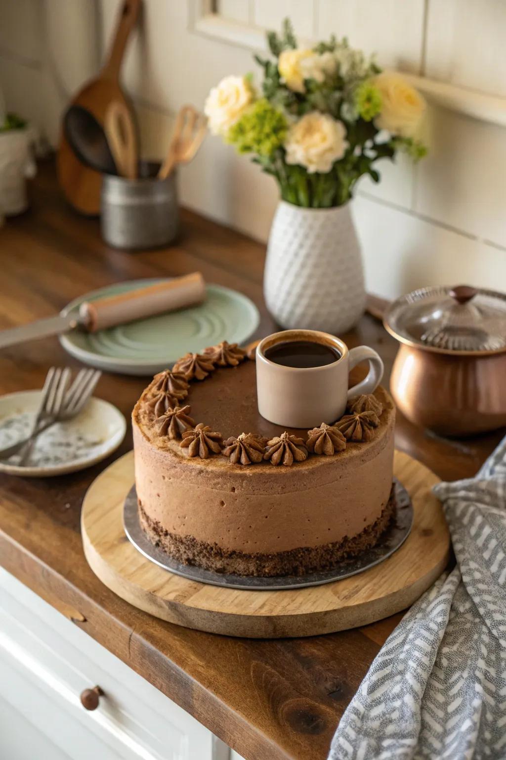 A miniature java mug introduces a playful charm to a mocha cake.
