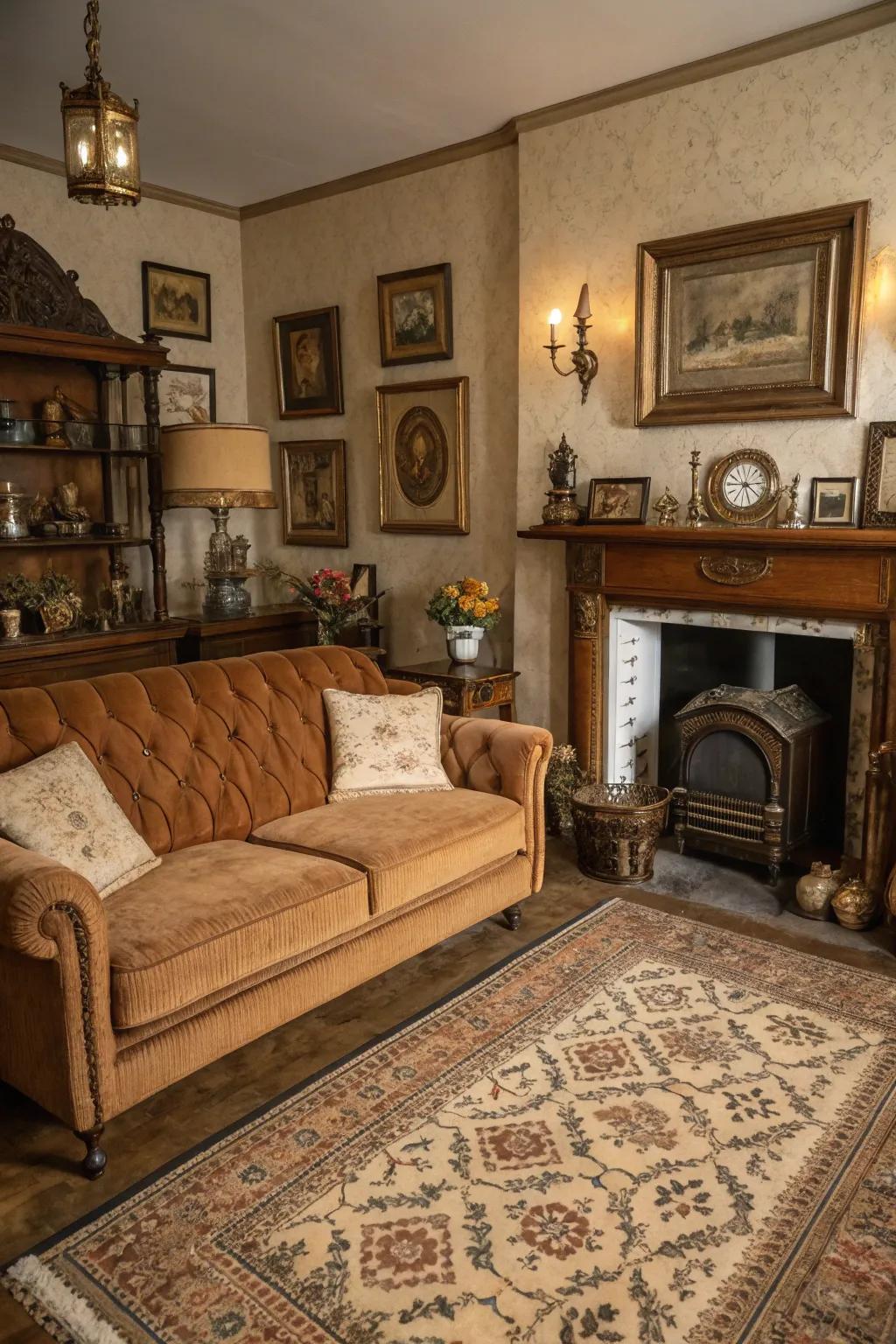 Vintage components contribute allure and nostalgia to the chocolate-brown sofa section.