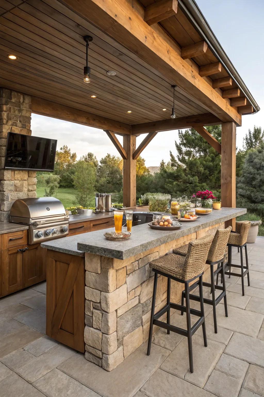 An integrated bar imparts a chic flair to your BBQ island.