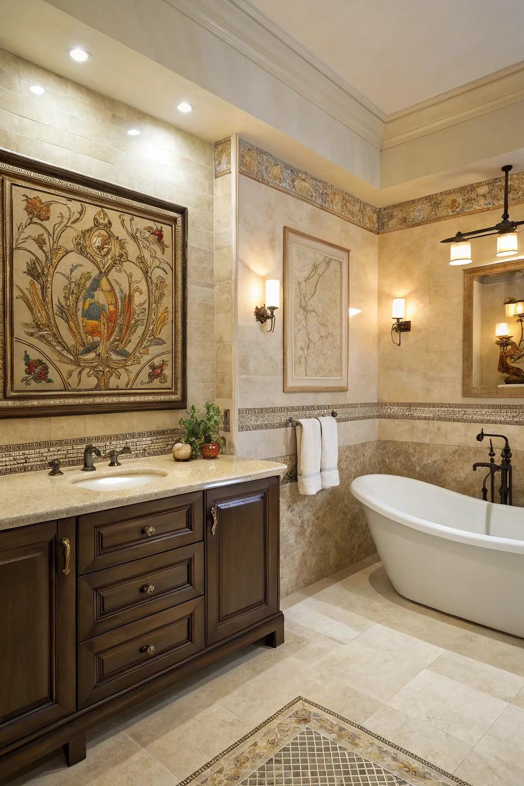 Ornate tile panels inject artistic flair to your bathroom.