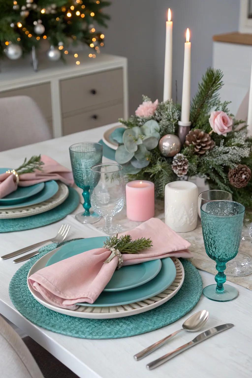 A unique table setting employing unforeseen shades like cyan and rose.