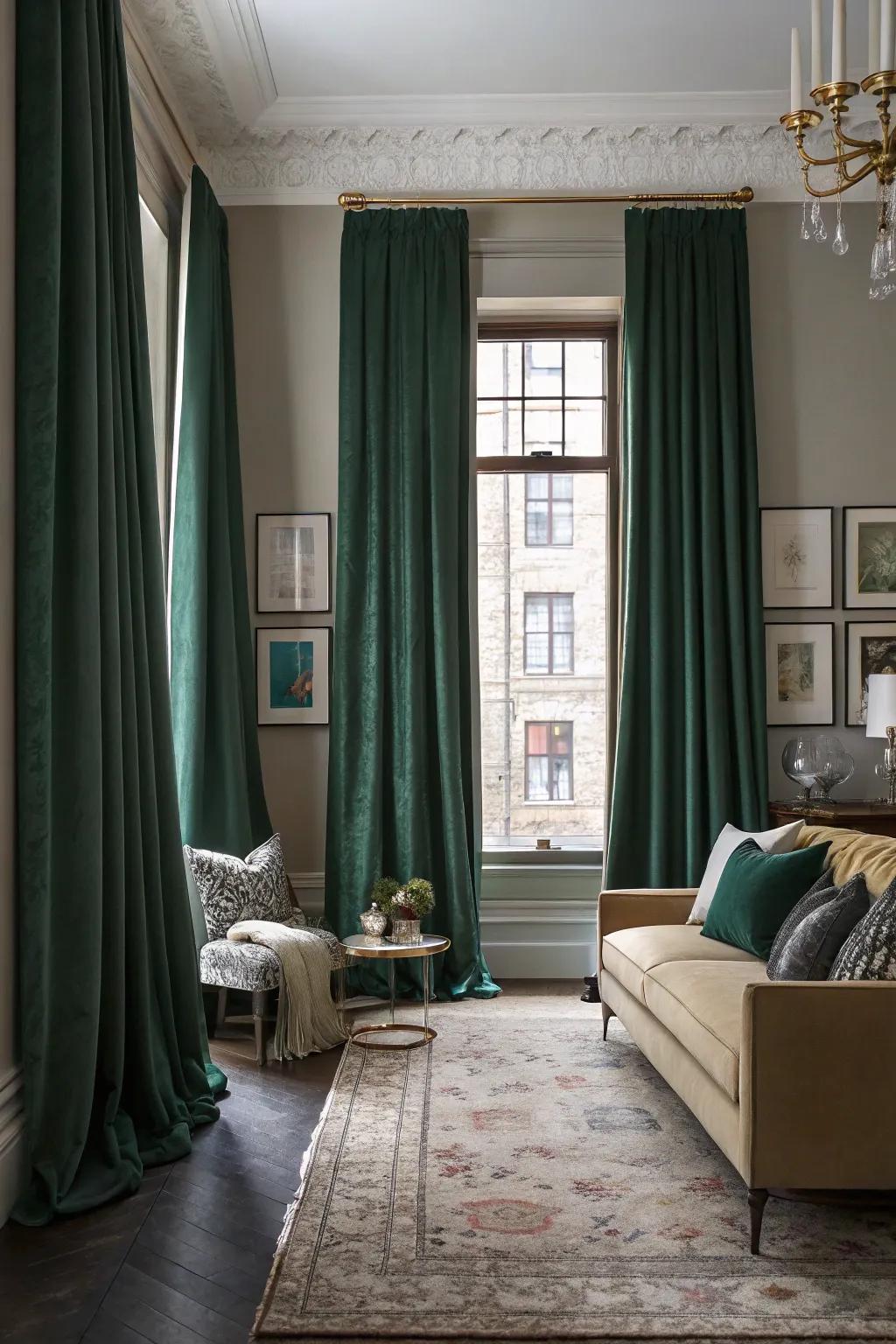 Deep green window coverings add drama and elegance to your living room.