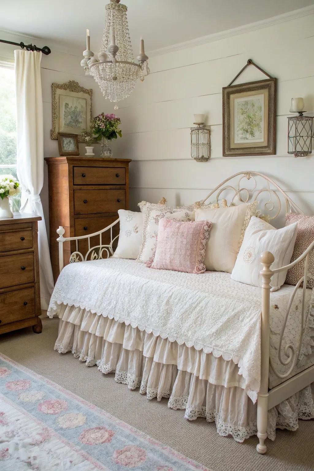 Banded bedding fills a daybed with vintage charm and beauty.