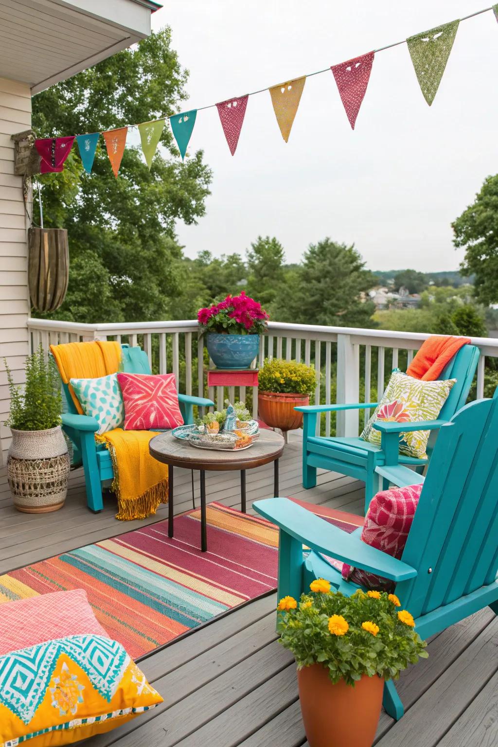 A deck scheme that pops with multi-colored furniture and decor.