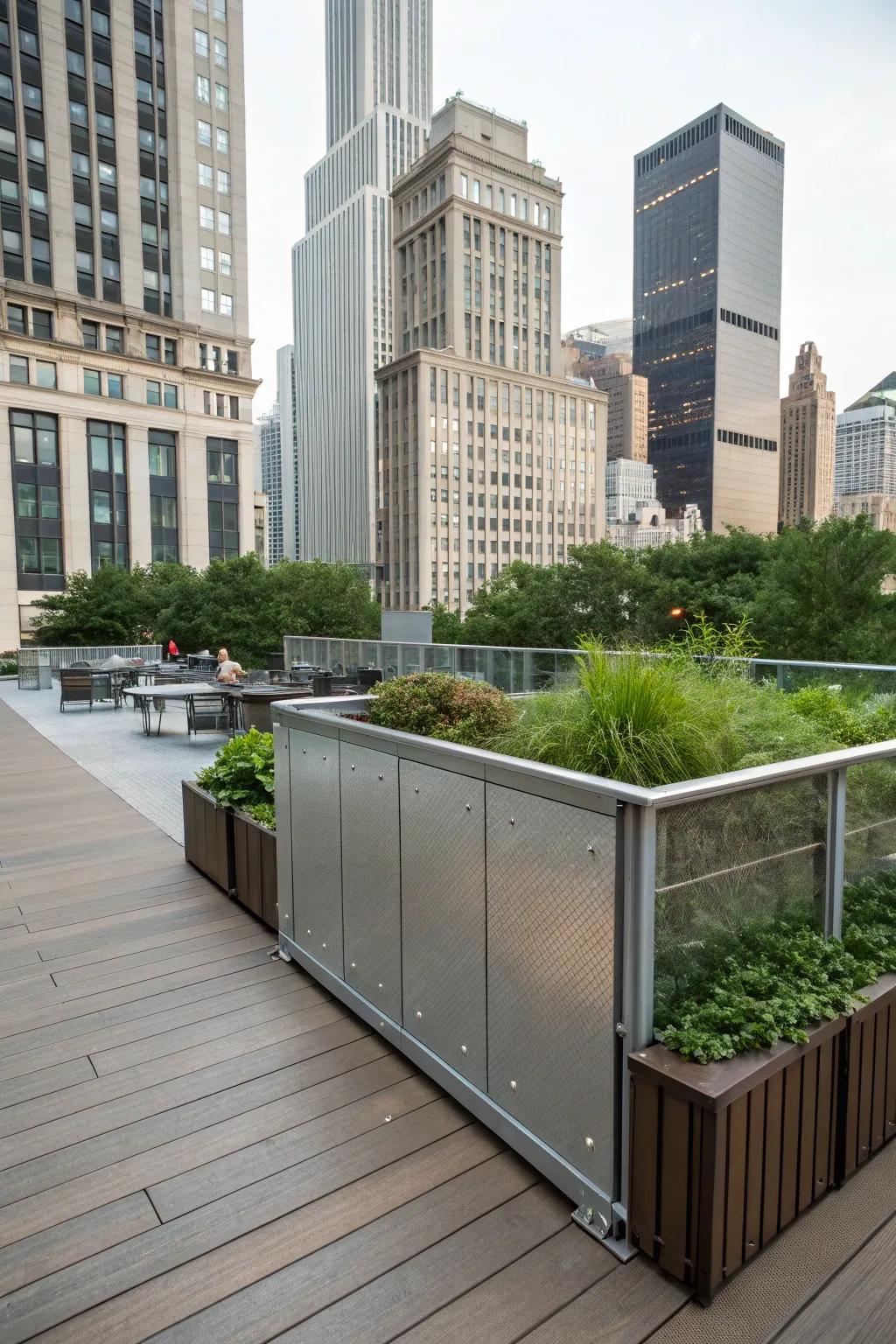 Metal panels provide an industrial edge to deck skirting.