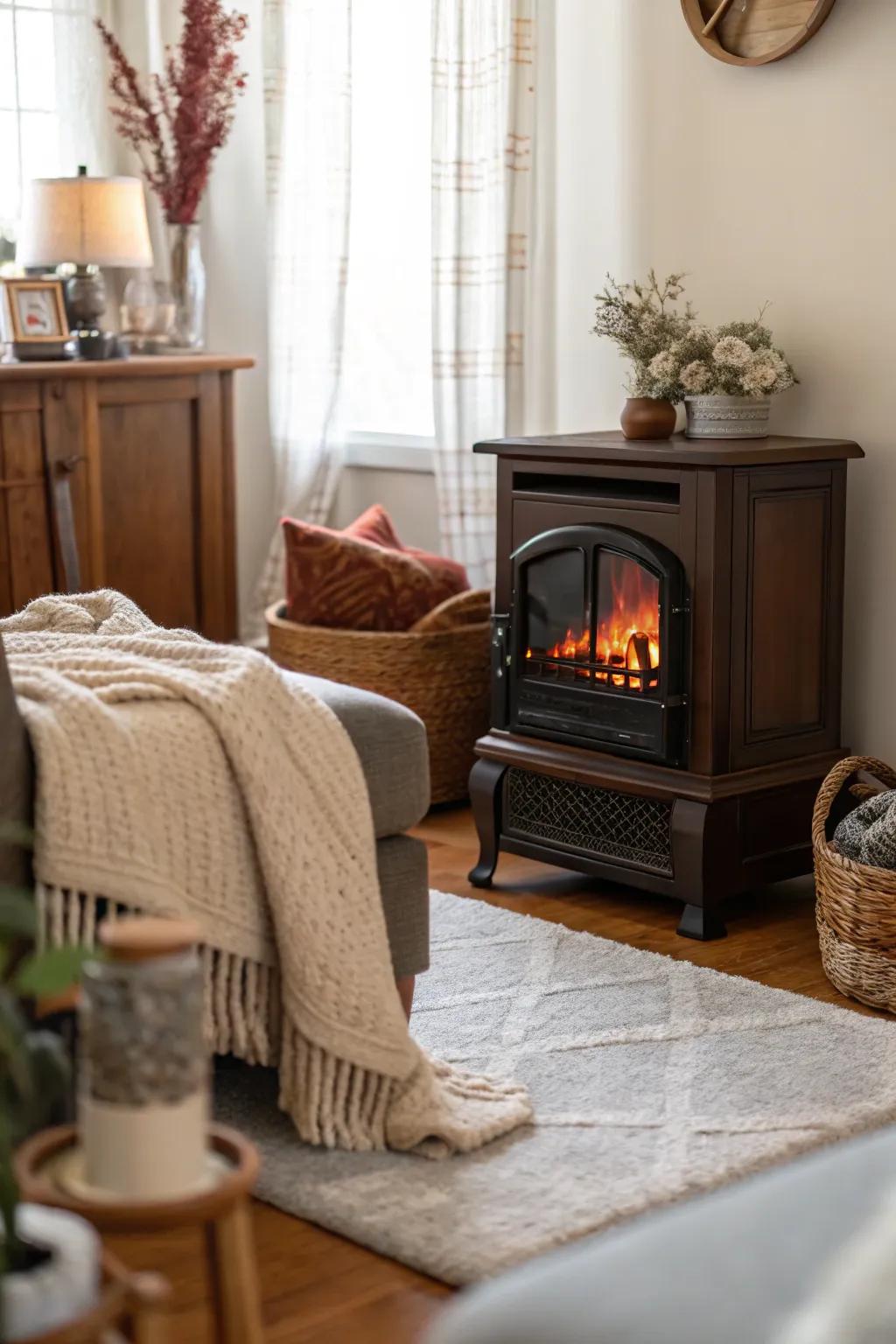 A compact electric fireplace turning a corner into an appealing and warm space.