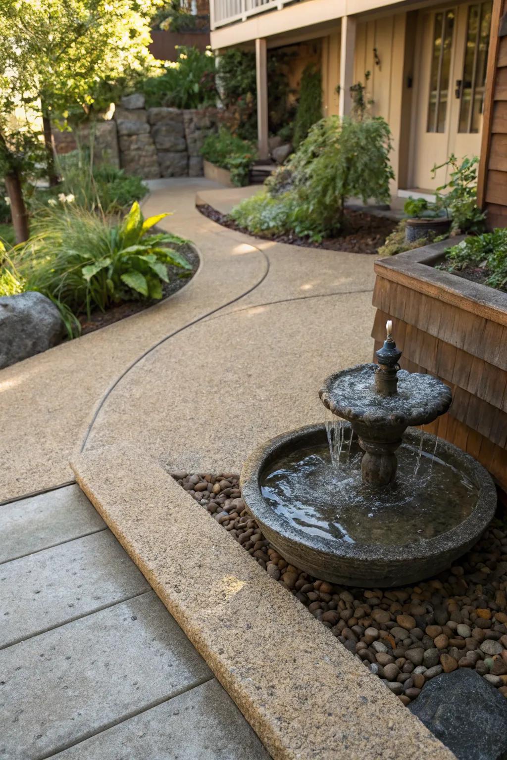 A water feature brings peace to the patio.