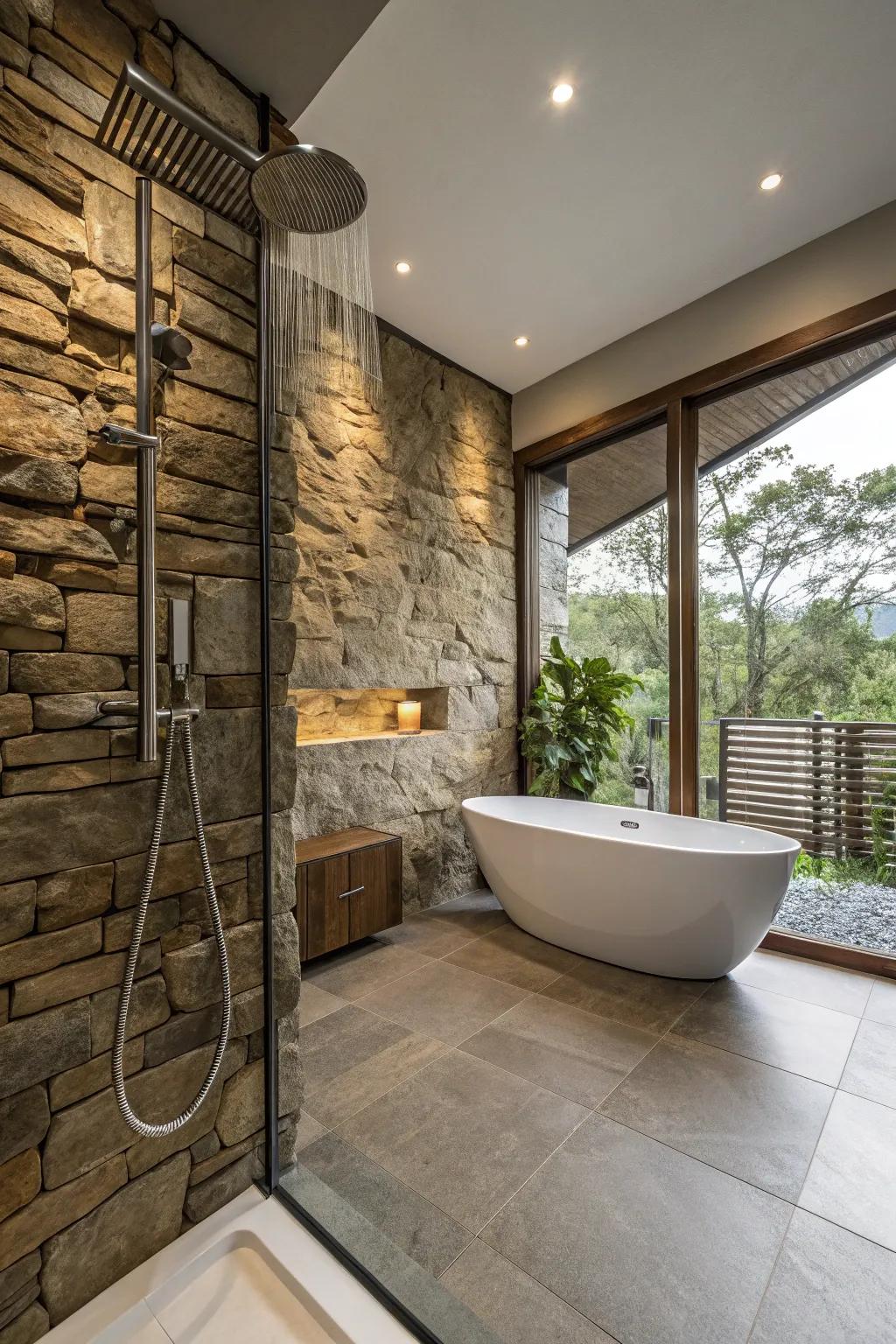 A rock wall contributes drama and texture to this modern farmhouse bathroom.