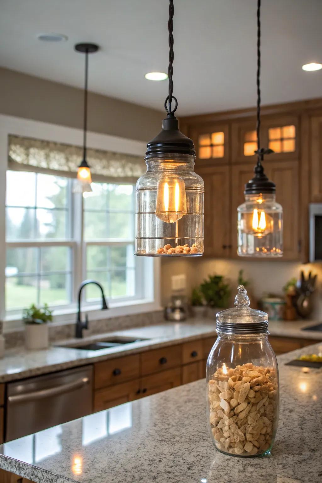Glass container hanging lights add nostalgic charm to kitchens.