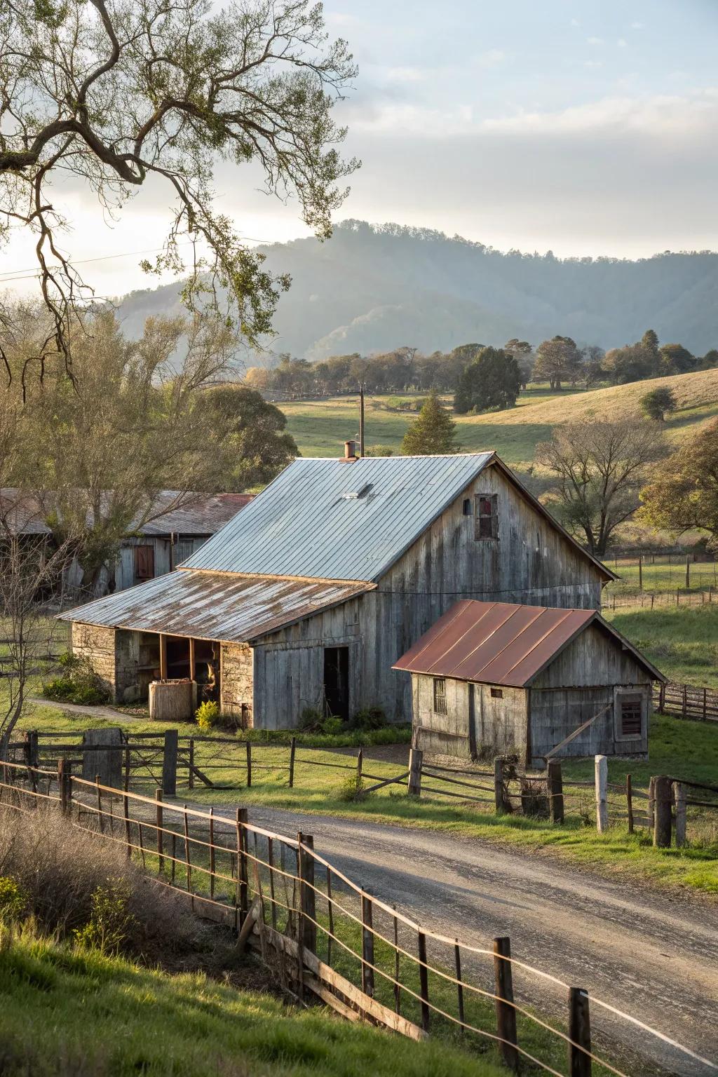 Vintage allure: A farmhouse showcasing a distressed metal roof.