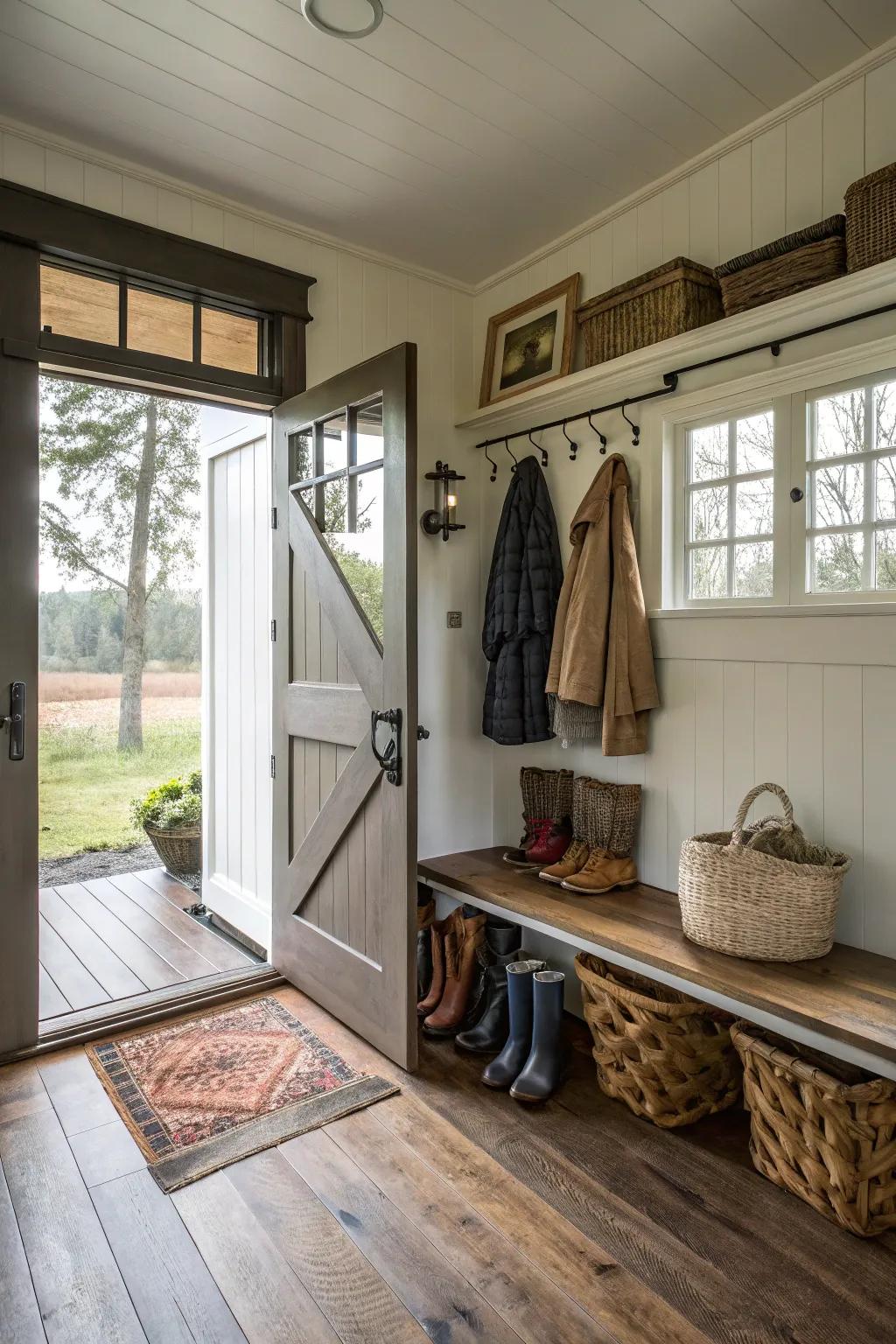 Delightful mudroom showcasing a classic split door.