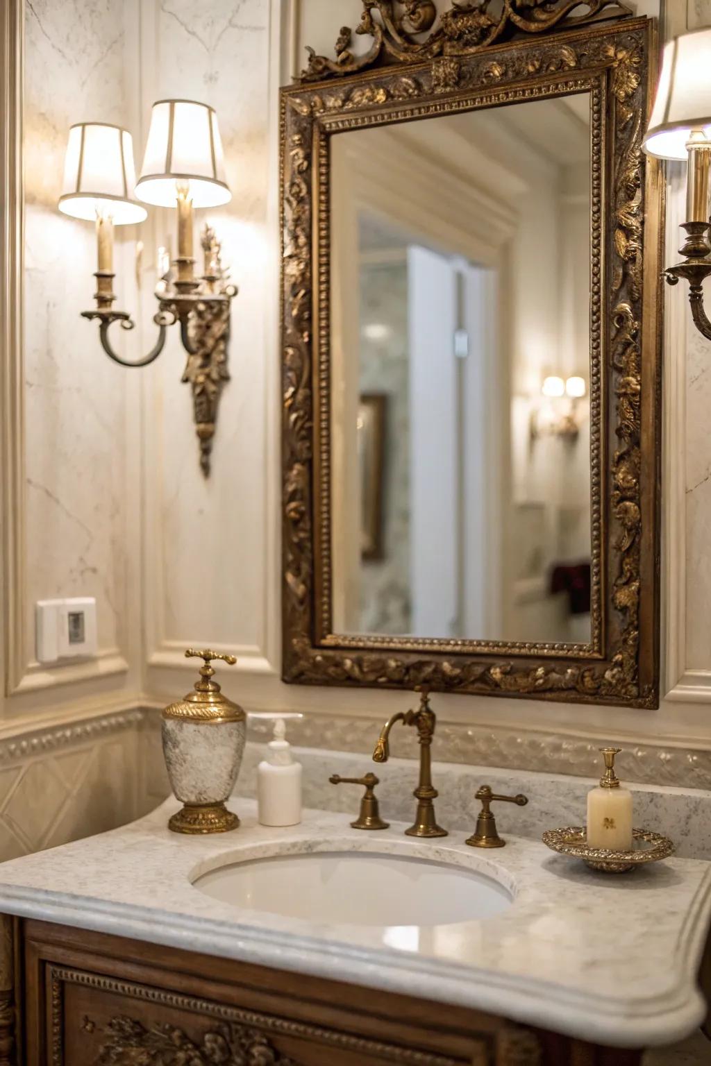 Antique looking glass and vintage fixtures within a washroom.