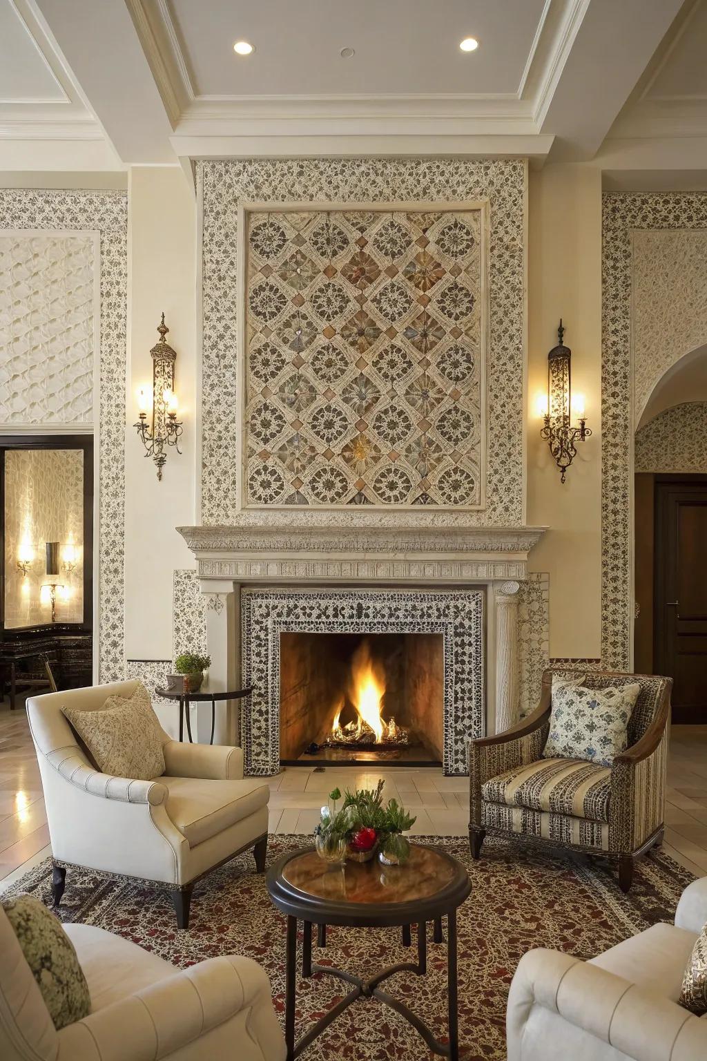 Intricate constructed piece design on a fireplace.