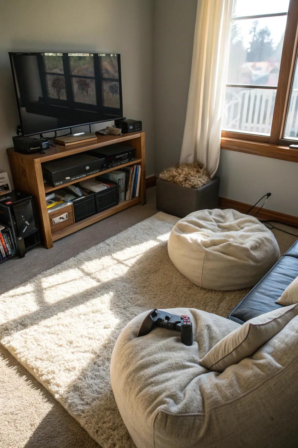 A snug nook in a gaming chamber with a plush rug and cushions.