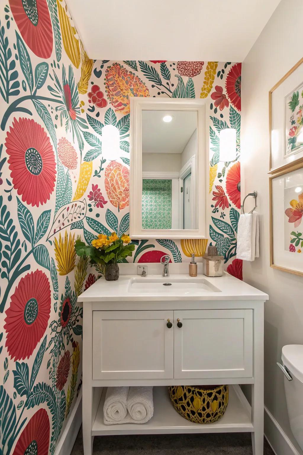 A bathroom featuring a vibrant wallpaper highlight wall for a striking declaration.