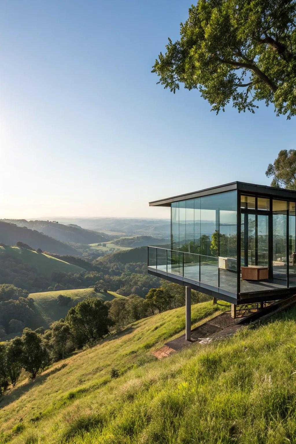Elevated glass home providing sweeping vistas.