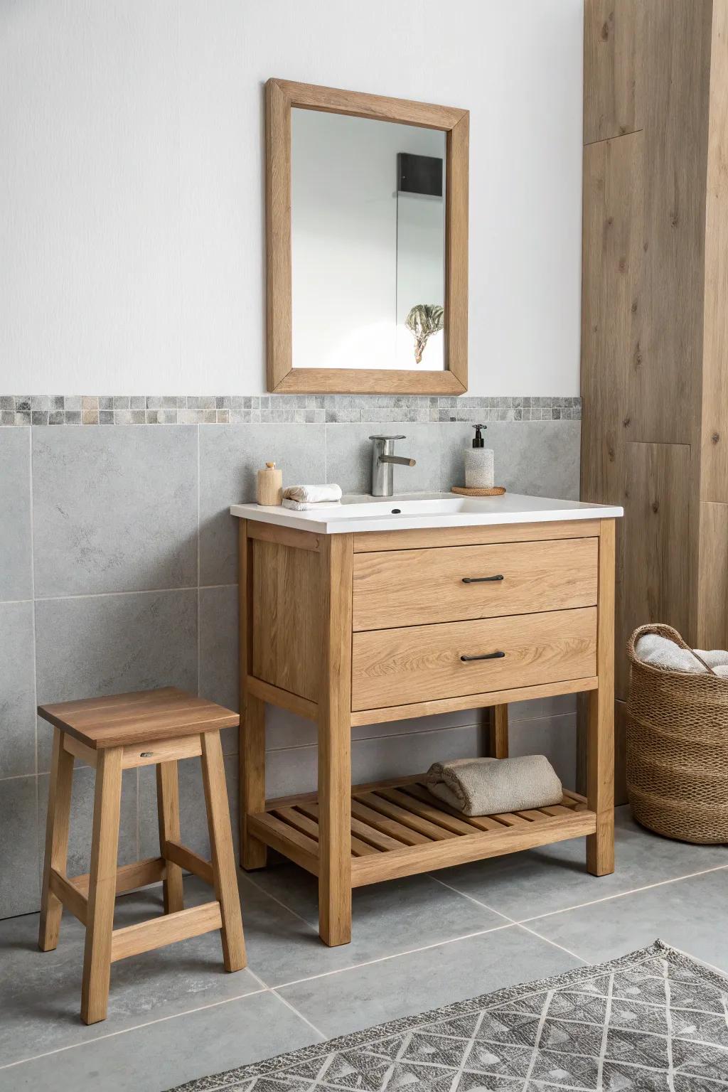 Wooden elements bring coziness and natural beauty to the bathroom.