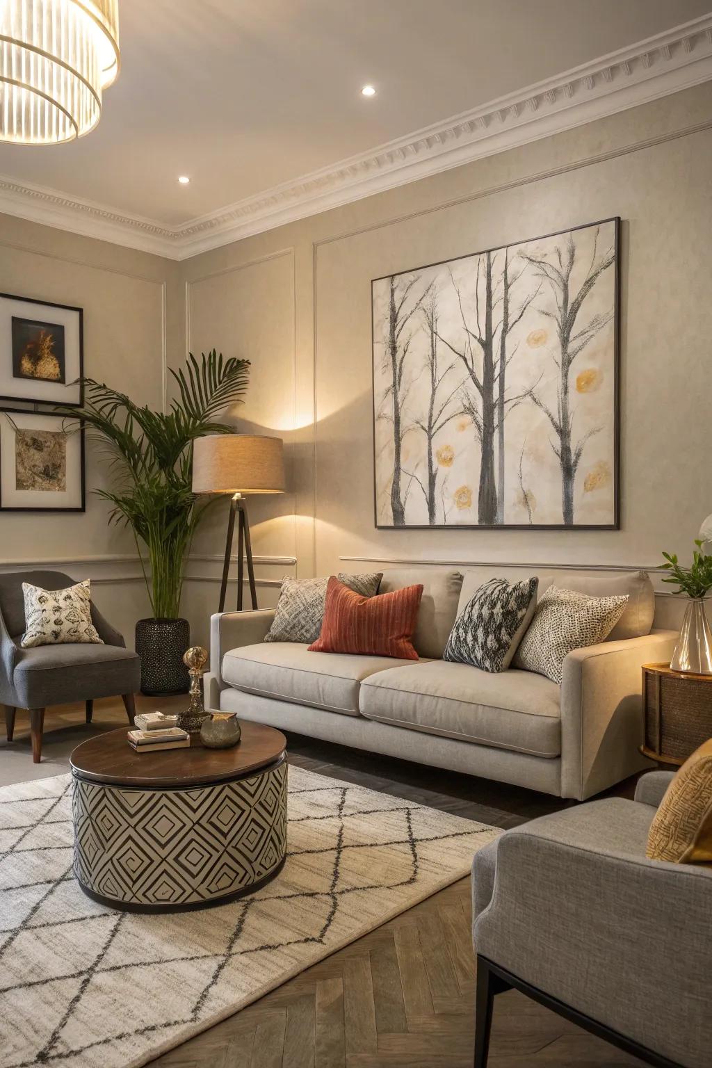 Remarkable art adds drama and character to the space.