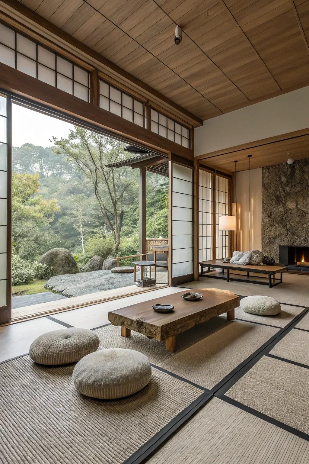 Zen elements create a peaceful and balanced atmosphere.