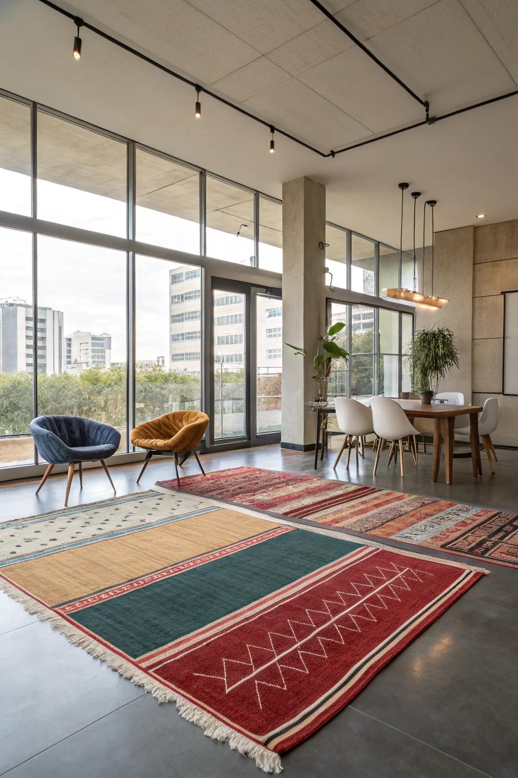 A contemporary interior using rugs to define zones in an open space.