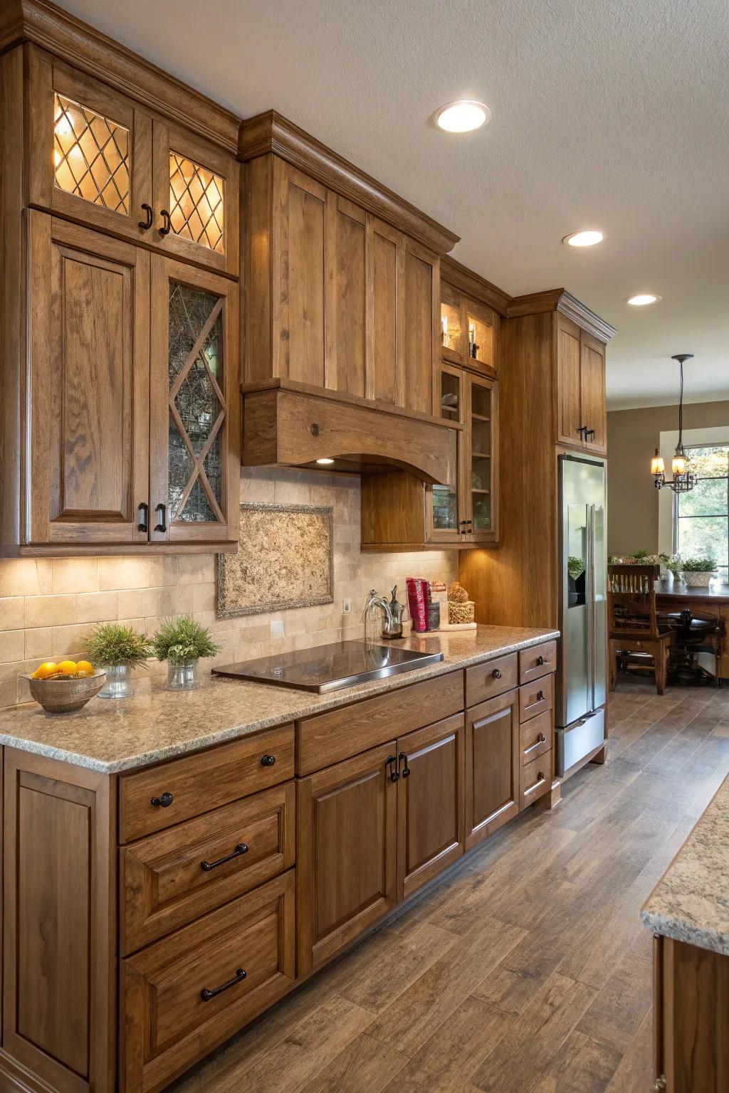 Layering textures adds richness and appeal to modern kitchens with golden-toned cabinetry.